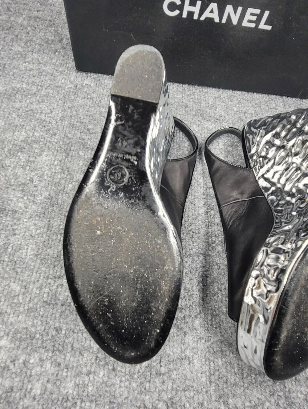 Chanel Black Leather Silver Wedge Peep Toe Sling Back Sandals Size 41